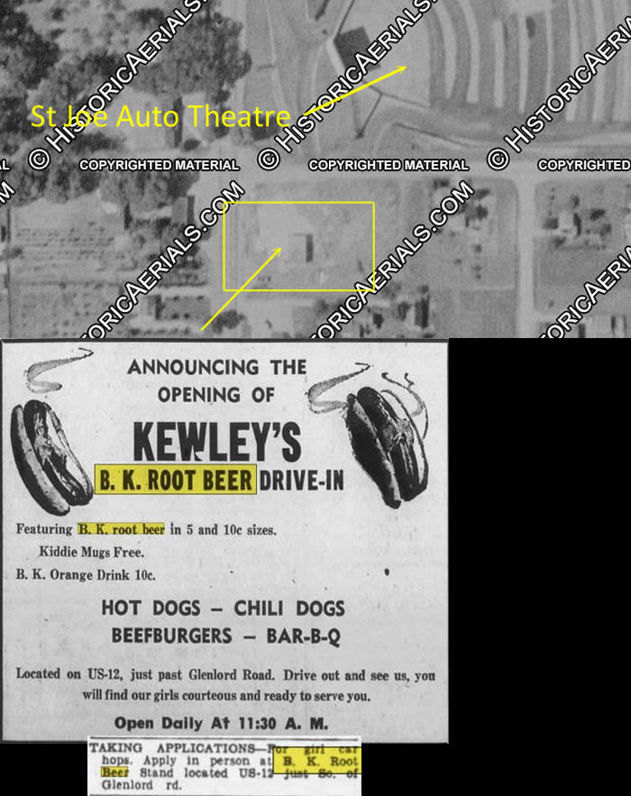 Shorts Drive-In (B&K Root Beer, Allens Root Beer, B-K Root Beer, BK Root Beer) - May 1955 Ad For St Joseph And Aerial Photo (newer photo)